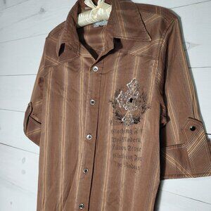 Women's Y2k Top Striped Graphic Button Up Shirt Metallic Crosses 100% Cotton.